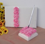 Pink Rosettes Wedding Guest Register Book + Pen & Holder